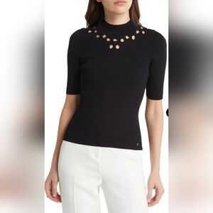 Ted Baker Emiiaa Engineered CutOut Bow Rib Sweater Short Sleeve Black Ted1/XS/4